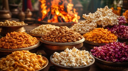 Obraz premium Lohri spread with almonds cashews and raisins displayed alongside popcorn jaggery and bonfire decorations evoking the joy of harvest season