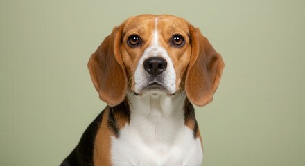 Close-up portrait of a Beagle dog, showcasing its attentive expression against a soft sage-green backdrop.