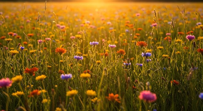 Flores de prado en la soleada soleada ma&ntilde;ana fresca vintage paisaje de oto&ntilde;o fondo colorido hermoso flores de oto&ntilde;o m&aacute;gico: ai generativo