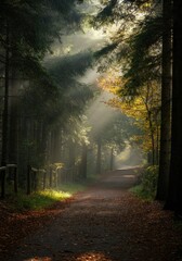 Fototapeta premium A serene forest path illuminated by soft sunlight filtering through tall trees. Autumn leaves cover the ground, creating a peaceful atmosphere.