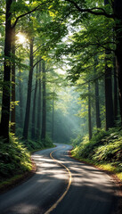 Winding forest road with sunlight filtering through tall trees