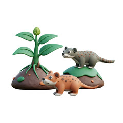Two 3D Rendered Armadillos with Brown and Gray Coloration Standing Near a Small Plant on a Brown Mound on a Transparent Background