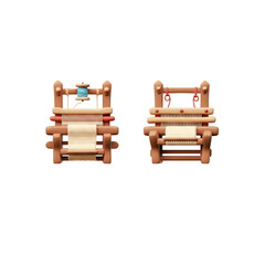 Two Weaving Looms with Thread and Cloth in Warm Brown and Beige Hues on Transparent Background
