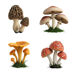 Variety of Mushrooms on Transparent Backdrop Featuring Morel Chanterelle Amanita in Organic Shapes Textures and Colors with Moss and Forest Detritus