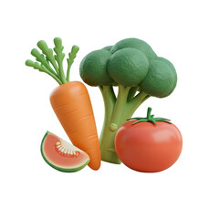 Vibrant Vegetables Render featuring a Carrot Broccoli and Tomato with Transparent Background
