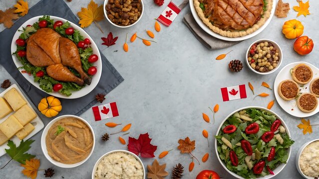 Overhead shot of a canadian thanksgiving feast featuring turkey, pie, and maple leaves, perfect for celebrating the holiday