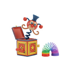 Whimsical Jack in the Box with Striped Slinky Toy Isolated on Transparent Background for Childrens Illustrations