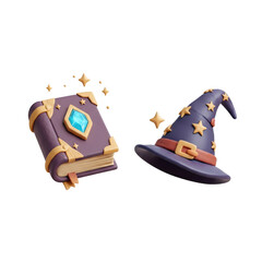 Whimsical Magic Book and Witch Hat with Floating Stars on Transparent Background