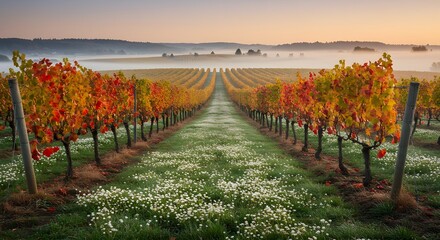 Obraz premium Un viñedo encantador muestra una impresionante variedad de colores de otoño con rojos vibrantes, naranjas y amarillos, en contraste con un paisaje sereno y nebuloso en el fondo de La Rioja España