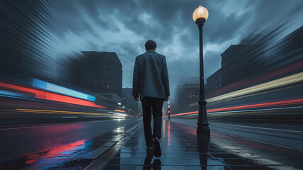 A lone man walks away from the camera in the middle of a city street at dusk, with glowing car headlights approaching.