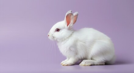 Fototapeta premium A small, fluffy white rabbit sits against a soft, vibrant purple background.
