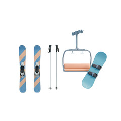 Winter Sports Equipment Featuring Blue Skis Poles Chairlift and Snowboard on Transparent Background