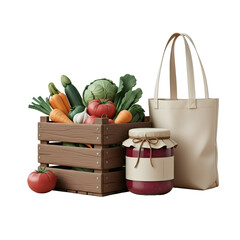 Wooden Crate Filled with Fresh Vegetables Next to Reusable Tote Bag and Preserves Jar with Transparent Background