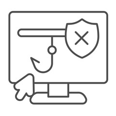 Display of unsecure connection with hook thin line icon, data safety concept. Vector graphics. Fraud screen and mouse cursor sign on white background, outline style icon for mobile or web design.