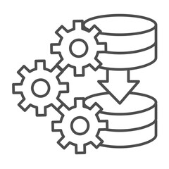 Storage copy settings thin line icon, data hoarding concept. Vector graphics. Disks array data recording and cog wheel sign on white background, outline style icon for mobile or web design.