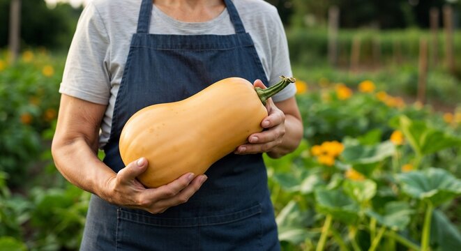 Elderly woman happily holding butternut pumpkin in vibrant garden