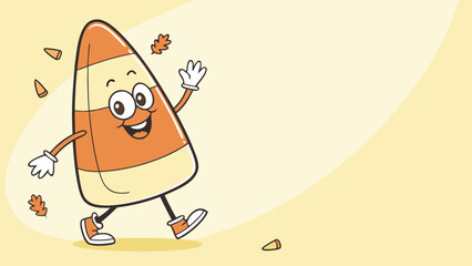 smiling candy corn character waves,inviting text in a cloud-shaped space for blog posts,social media, or flyers related to Halloween,fall events,or candy and treats.hand-drawn cartoon