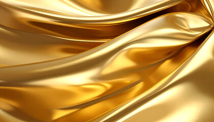 Close-up shot of luxurious golden fabric with elegant folds and shiny texture.
