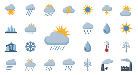 Obraz premium Weather Icons Set - Diverse Meteorological Conditions, Flat Design, Cartoon Style.