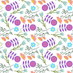 Fototapeta premium Floral seamless pattern. Scandinavian style.Doodle illustrations with stylized decorative floral Cute hand drawn flat plants background