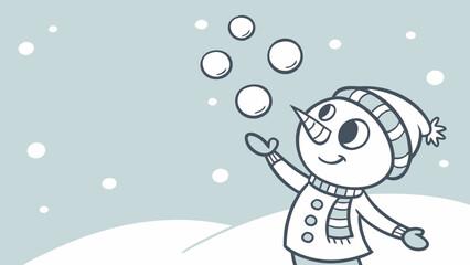 A black and white cartoon-style illustration of a cute snowman juggling snowballs. Websites and blogs can use this for seasonal content, winter activities, or holiday promotions for children.

