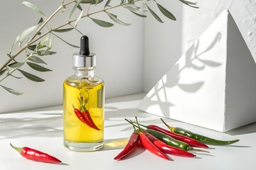 Golden chili oil in a dropper bottle with red peppers inside, surrounded by fresh red and green peppers and an olive branch.