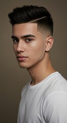 Fototapeta premium Close-up portrait of a young man with a stylish, modern haircut, showcasing a crisp, clean fade and a textured top.