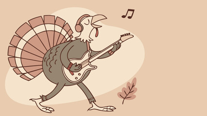 A fun cartoon turkey playing an electric guitar while wearing headphones, great for Thanksgiving, holiday music blogs, or event promotions.