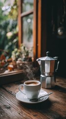 Obraz premium Steaming espresso coffee moment cozy italian breakfast scene vintage setting warm light indulgent morning experience