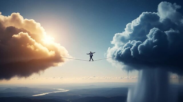Businessman Tightrope Walk:  Risk, Balance, and Opportunity in a Dramatic Sky