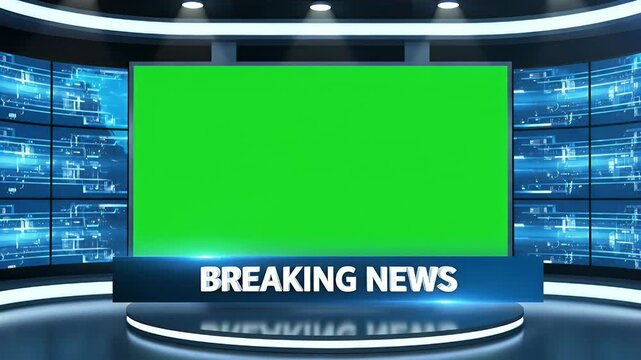 Modern Virtual News Studio Set with Green Screen Display and Breaking News Lower Third