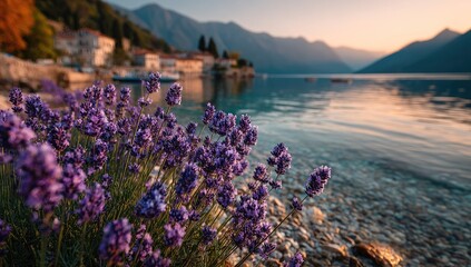 Lavender blooms by a lake at dawn