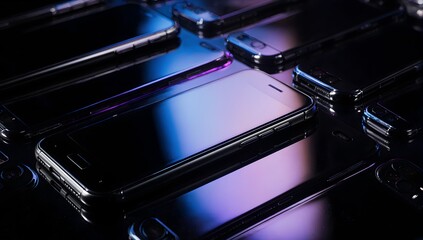 Luxury black smartphones closeup vibrant glossy reflections
