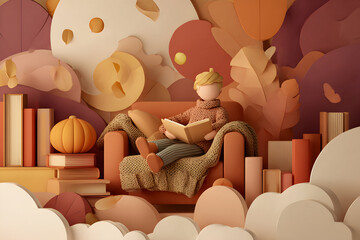 Cozy autumn reading scene with books, blanket, and fall leaves in warm tones