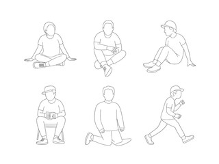 Various Poses of a Person, Outline Illustration: Sitting Cross-Legged, on a Chair, Kneeling, Running and Sitting; White Background