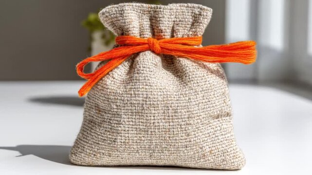 A light beige fabric drawstring bag with orange ties sits on a white surface near a plant.