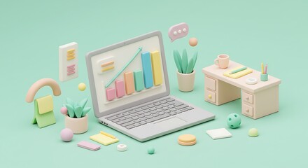 Pastel Office Desk with Laptop Displaying Data Graph and Financial Growth Chart for Business Success and Online Education in a Minimalist Environment