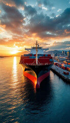 Large container cargo ship docking at commercial port at sunset

