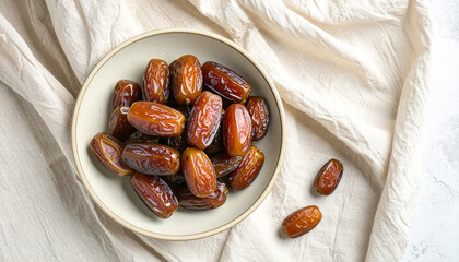 Overhead shot of a bowl filled with fresh, ripe, and delicious Medjool dates.