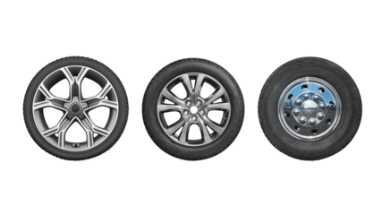 Collection car tires with alurim on free isolated transparent PNG background.