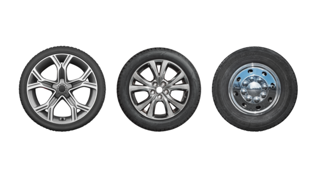 Collection car tires with alurim on free isolated transparent PNG background.