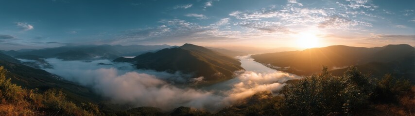 Fototapeta premium Majestic sunrise over serene river valley nature landscape photography tranquil environment