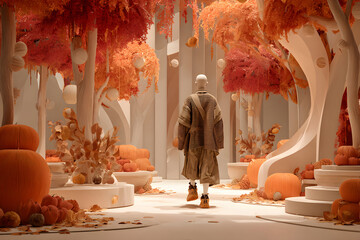 Fashionable figure walking through a surreal autumn forest with paper-textured trees and pumpkins
