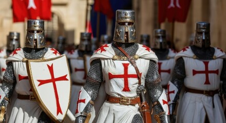 group of armored medieval knights dressed in traditional crusader attire, featuring red crosses on white tunics and shields. historical parade or reenactment, malta independence day.