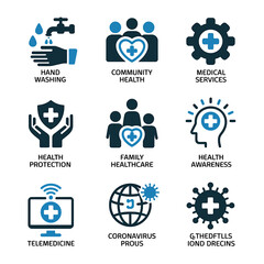 Essential Healthcare Icons Handwashing, Community, Family, and Telemedicine