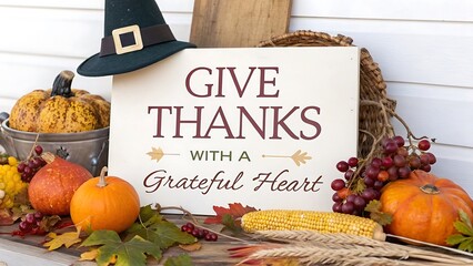Festive thanksgiving display with pumpkins, corn, and a give thanks sign, evoking a warm and grateful atmosphere for the holiday season