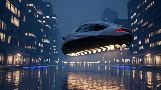 A Futuristic Hover Car Glides Above a Calm City Canal at Night, Surrounded by High Rise Buildings with Glowing Lights, Creating a Serene and Tech Infused Atmosphere