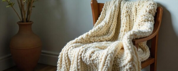 Fototapeta premium Cozy Oversized Knit Sweater Blanket Draped on Rustic Wooden Chair, Perfect for Chilled Evenings. Warm Neutral Tones Create a Relaxing and Comfortable Atmosphere in Any Room.