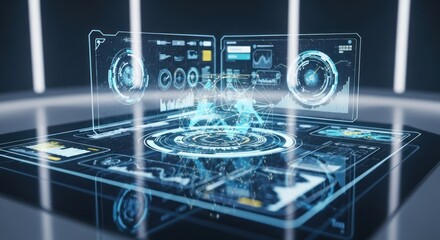 Futuristic interface displaying data and analytics on a transparent touch screen