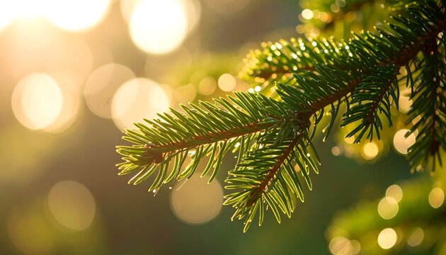 Close-up of a pine branch in sunlight